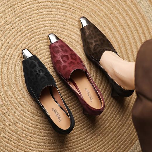 【预售5天】时尚粗跟尖头深口单鞋春秋新款头层豹纹牛皮铁头单鞋LD&7245 商品图2