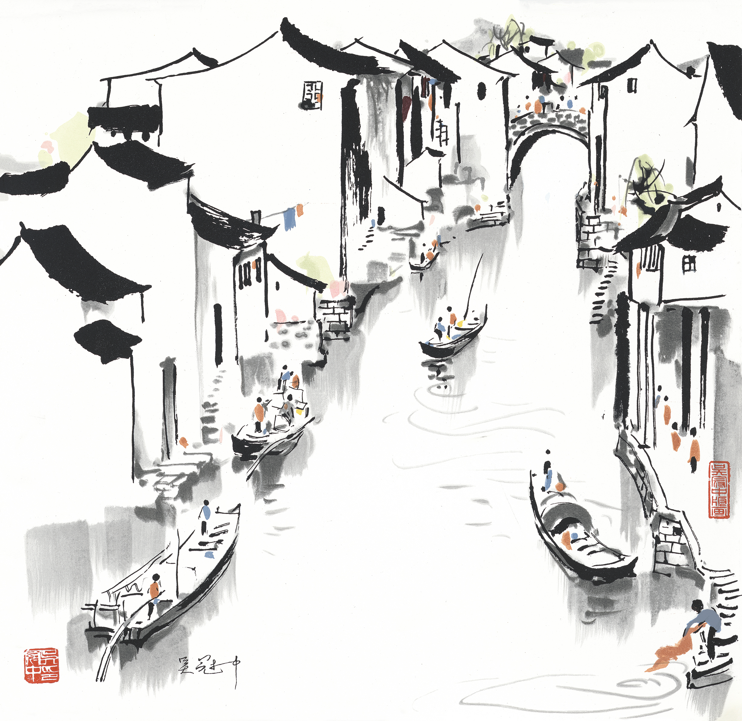 吴冠中|《江南水巷》—— 丝网版（盖章）