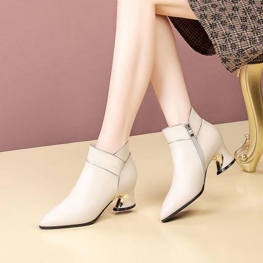 【预售5天】粗跟短靴时尚拼色尖头显瘦马丁靴新款舒适侧拉链牛皮短筒单靴女JLD&A09 商品图2