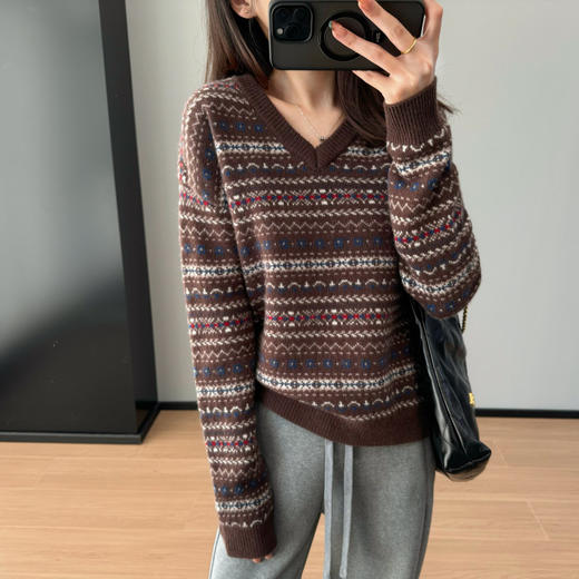 2024北欧风费尔岛提花显瘦洋气V领长袖毛衣！羊毛针织衫毛衣女秋冬新款！ 商品图0