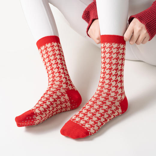【5双起批，10双以上包邮】本命年幸运红瑜伽袜新年袜千鸟格普拉提袜棉袜小腿袜红色喜庆女袜 商品图8