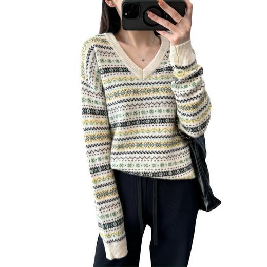 2024北欧风费尔岛提花显瘦洋气V领长袖毛衣！羊毛针织衫毛衣女秋冬新款！ 商品图1