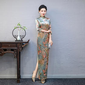 中式旗袍连衣裙端庄大气走秀七分袖长款修身演出服QC177