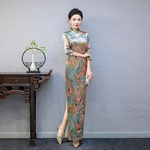 中式旗袍连衣裙端庄大气走秀七分袖长款修身演出服QC177 商品图0