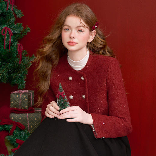 西遇名媛小香风外套套装女冬季新款元旦新红色系半身裙两件套D0044071 商品图4