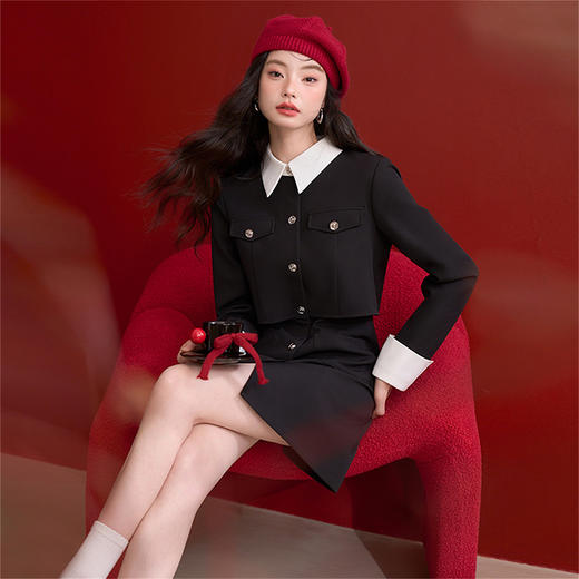 轻奢优雅假两件撞色翻领小香风连衣裙女千金风短裙V0250067 商品图0
