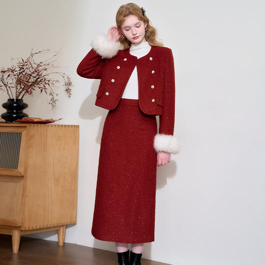 西遇名媛小香风外套套装女冬季新款元旦新红色系半身裙两件套D0044071 商品图1