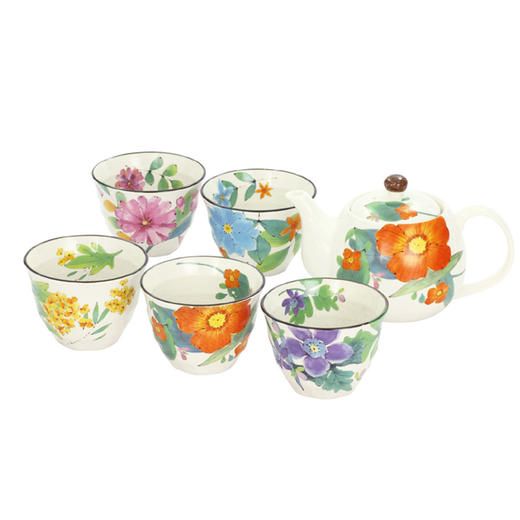 日本进口美浓烧和蓝印彩繁花茶壶茶杯家用陶瓷茶具新婚节日礼物荀花一壶五杯茶具 商品图1