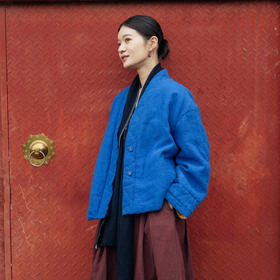 绽放旅行女装649朵/秋冬全亚麻蚕丝绵填充短款棉衣中式v领棉服