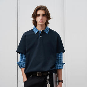 714street假两件长袖POLO衬衫男2025春季新款高级感休闲宽松衬衣