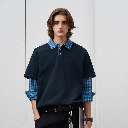 714street假两件长袖POLO衬衫男2025春季新款高级感休闲宽松衬衣 商品图0