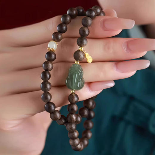 【经典】沉香木天然和田玉貔貅手串6mm  文玩手串玺晶级和田玉手链招财貔貅转运珠带证书 商品图2