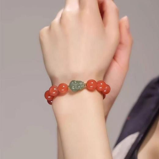 【经典】红红火火天然和田玉貔貅南红玛瑙手串10mm  招财貔貅手链天然蜜蜡玺晶级和田玉带证书 商品图3