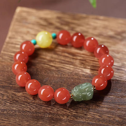 【经典】红红火火天然和田玉貔貅南红玛瑙手串10mm  招财貔貅手链天然蜜蜡玺晶级和田玉带证书 商品图1