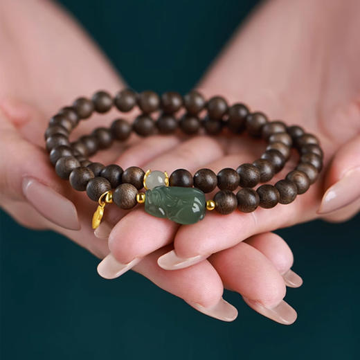 【经典】沉香木天然和田玉貔貅手串6mm  文玩手串玺晶级和田玉手链招财貔貅转运珠带证书 商品图0