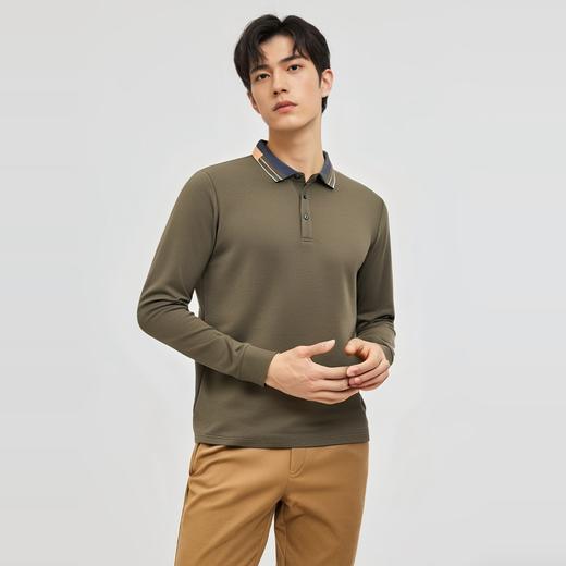 【羊毛蚕丝混纺 磨毛保暖】罗蒙秋冬男装长袖POLO衫双面磨毛撞色领翻领长袖t恤 商品图3