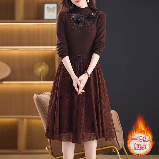 冬季加绒保暖针织连衣裙，洋气内搭蕾丝打底毛衣裙CC576 商品图0