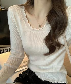 【GZ】无忧购韩版温柔百搭木耳边圆领/中领内搭修身显瘦针织小衫（截单后7天发货)25年清仓捡漏