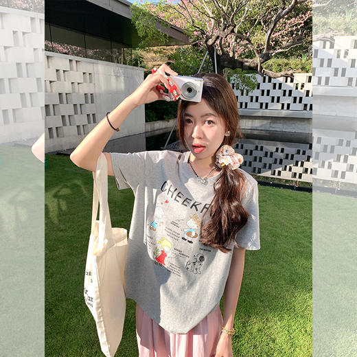 <曾小咸推荐>百搭休闲花灰色卡通印花短袖T恤 商品图0