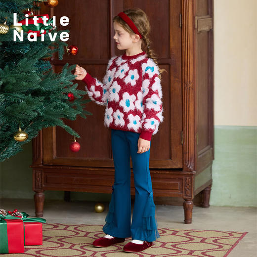 LittleNaive女童绒感圣诞毛衣冬新款花朵提花上衣儿童圆领针织衫 商品图2