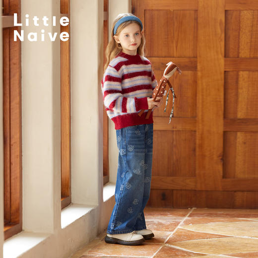 LittleNaive女童毛衣冬季新款宽松条纹慵懒上衣儿童撞色针织衫 商品图2