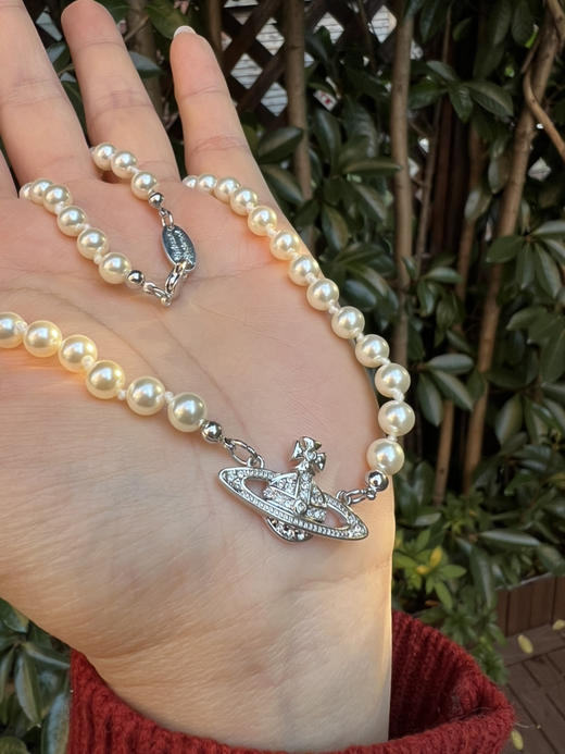 1029-3 现货发 圆正 无包装 西太后 土星吊坠 珍珠锁骨链 短项链 商品图11