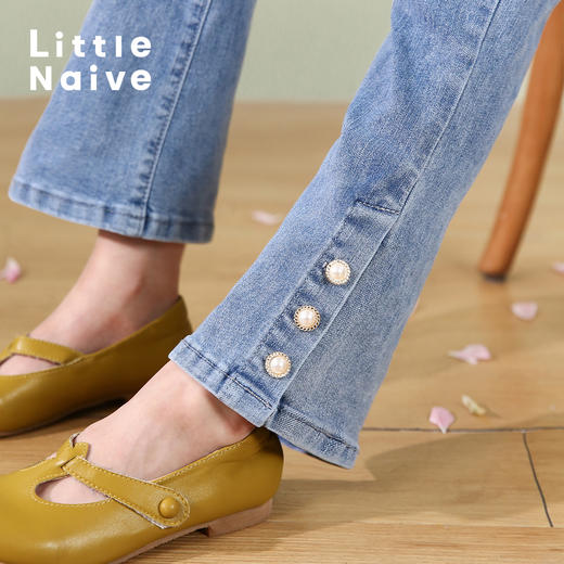 little naive女童牛仔裤春秋款中大童休闲长裤洋气儿童牛仔喇叭裤 商品图0
