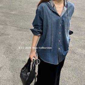 顺丰包邮15955洛诗琳复古简约纯色连帽牛仔开衫外套女286