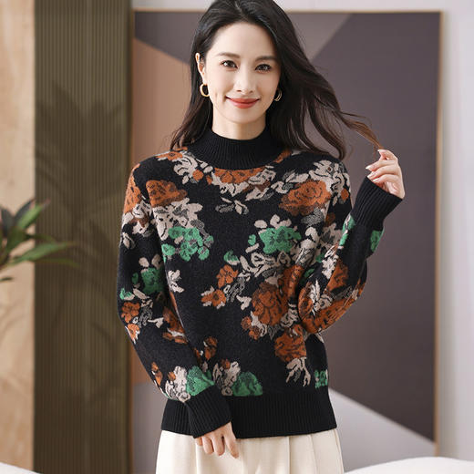 FCY SZ2467半高领印花针织上衣宽松打底衫 商品图2