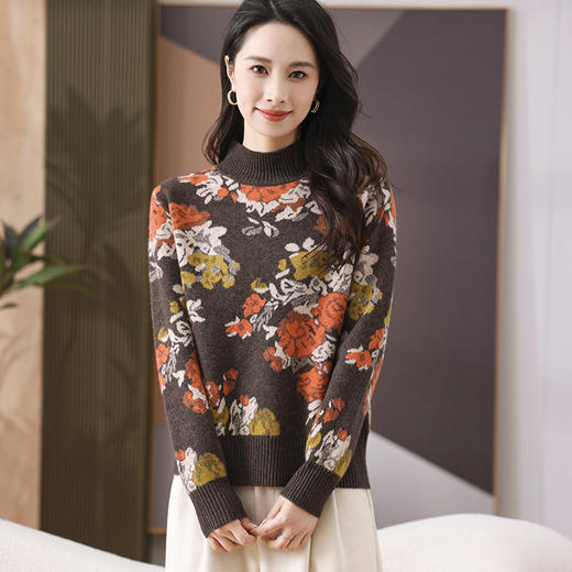 FCY SZ2467半高领印花针织上衣宽松打底衫 商品图1