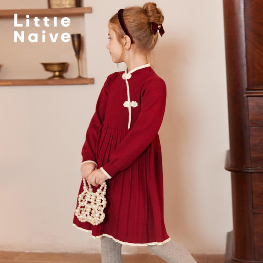 LittleNaive儿童连衣裙秋冬新款立领压褶旗袍女童新中式针织裙 商品图3