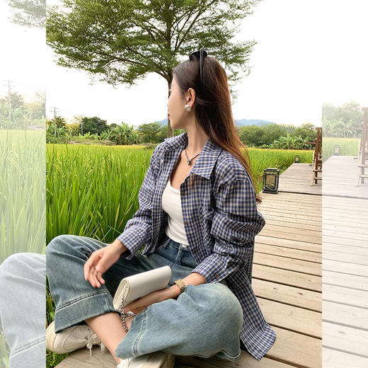 <曾小咸推荐>韩系百搭蓝色慵懒宽松格子衬衫 商品图1