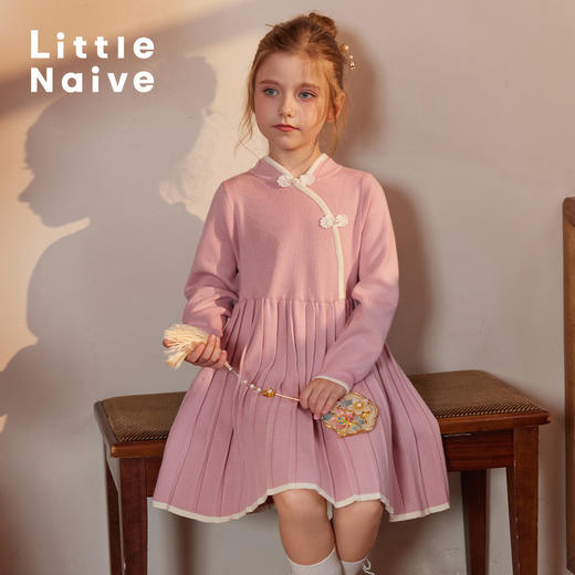 LittleNaive儿童连衣裙秋冬新款立领压褶旗袍女童新中式针织裙 商品图0