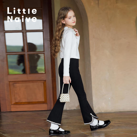 LittleNaive春秋儿童休闲裤开叉弹力修身黑色长裤洋气女童喇叭裤 商品图3