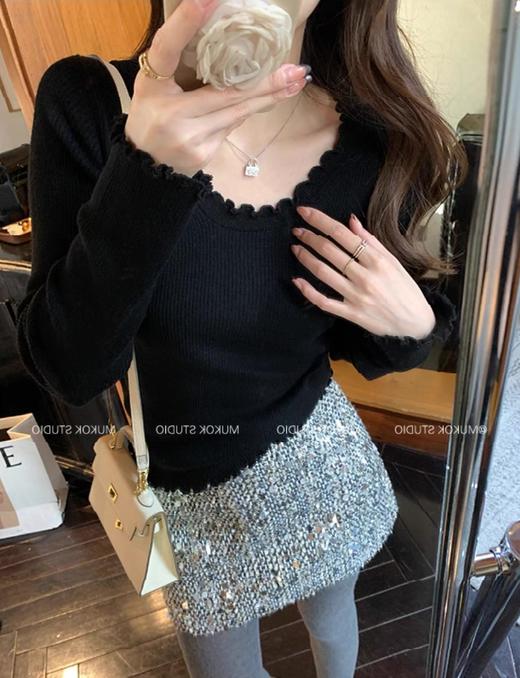 【GZ】无忧购韩版温柔百搭木耳边圆领/中领内搭修身显瘦针织小衫（截单后7天发货)25年清仓捡漏 商品图1