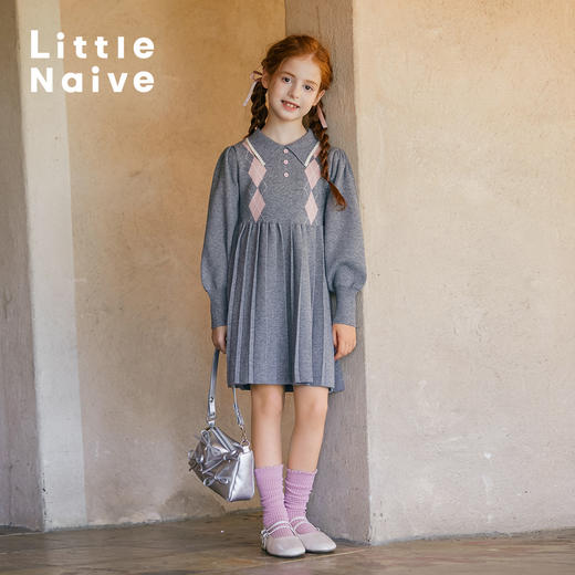 LittleNaive儿童针织裙秋季新款泡泡袖压褶裙子女童学院风连衣裙 商品图3