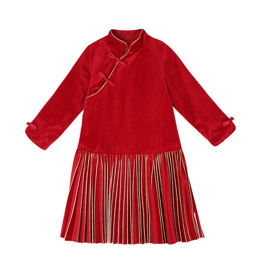 LittleNaive女童红色连衣裙中国风礼服新年旗袍裙冬季儿童拜年服 商品图4