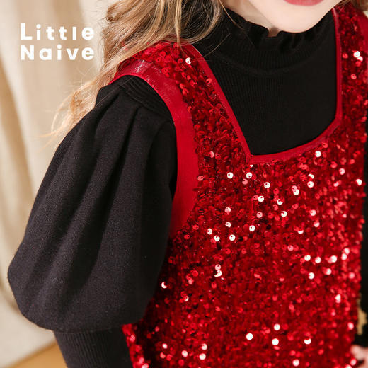 LittleNaive秋冬款女童亮片背心裙丝绒公主裙红色圣诞儿童连衣裙 商品图3