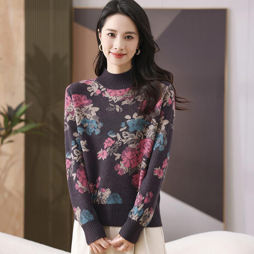 FCY SZ2467半高领印花针织上衣宽松打底衫 商品图3