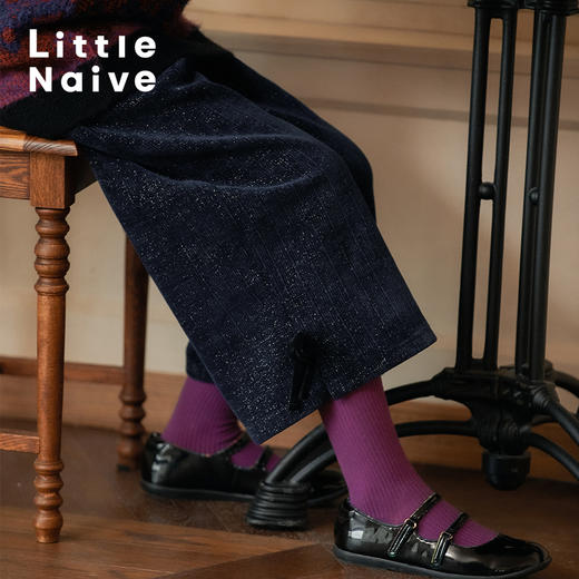 LittleNaive秋冬款女童阔腿裤宽松蝴蝶结七分裤子亮丝儿童休闲裤 商品图2