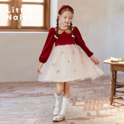 LittleNaive秋冬女童圣诞礼服红色新年网纱公主裙儿童加绒连衣裙 商品图3