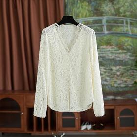 【高货wl】全新升级【铂金会员266/天猫359/差价93】(02416) 洛诗琳法式优雅温柔2025春季新款精致V领气质蕾丝衬衫女