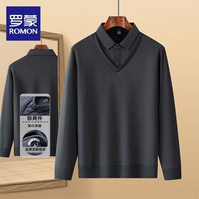 罗蒙假两件衬衫领针织衫男士衬衫长袖衬衫男中老年爸爸装