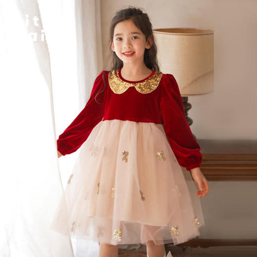 LittleNaive秋冬女童圣诞礼服红色新年网纱公主裙儿童加绒连衣裙 商品图1