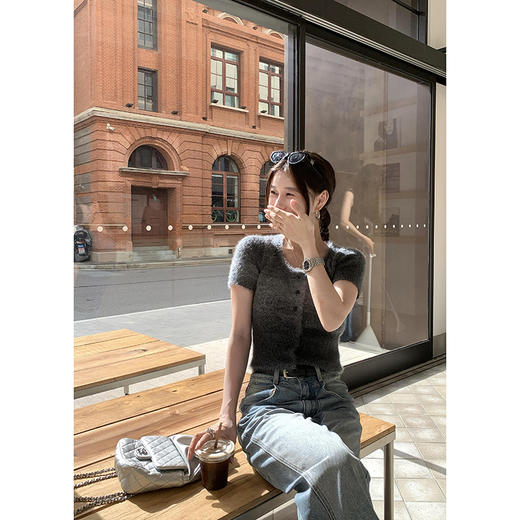 EKOOL8/7上新/云海烟雾/仿马海毛收腰显瘦短袖针织开衫女早秋短款 商品图0