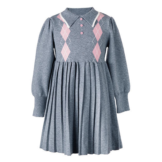 LittleNaive儿童针织裙秋季新款泡泡袖压褶裙子女童学院风连衣裙 商品图4