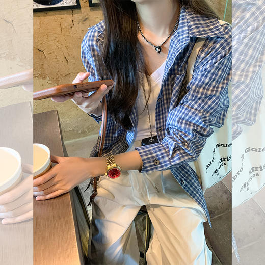 <曾小咸推荐>韩系百搭蓝色慵懒宽松格子衬衫 商品图2