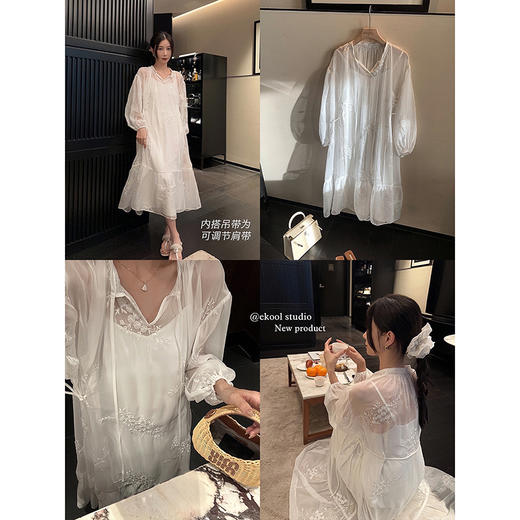 EKOOL4/28新品【月下白茶花】仿真丝V领连衣裙+吊带裙叠穿两件套 商品图1