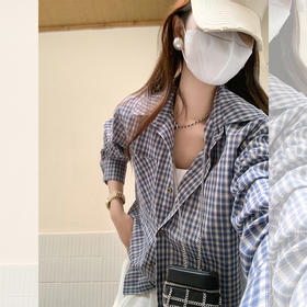 <曾小咸推荐>韩系百搭蓝色慵懒宽松格子衬衫