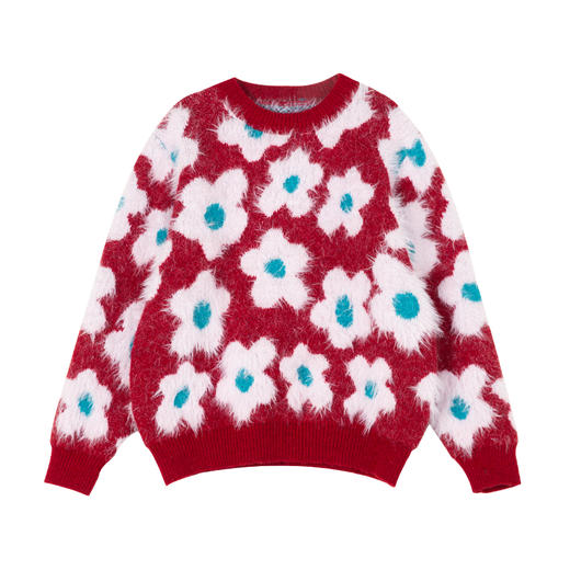 LittleNaive女童绒感圣诞毛衣冬新款花朵提花上衣儿童圆领针织衫 商品图4